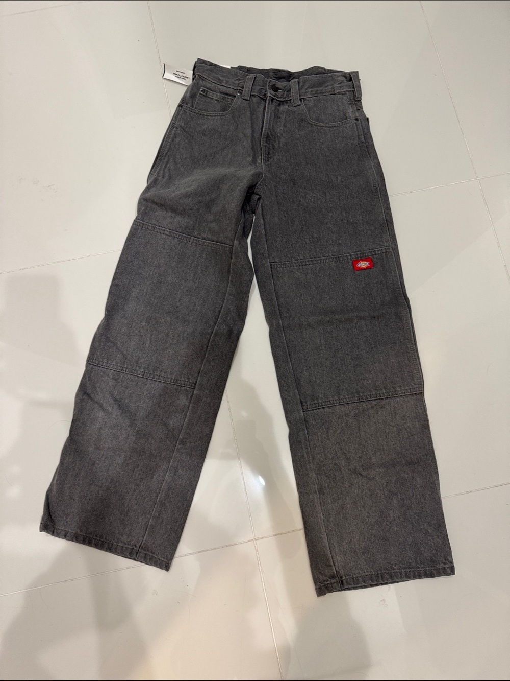 Dickies Men’s Charcoal Relaxed Wide-Leg Jeans with Red Logo Patch
